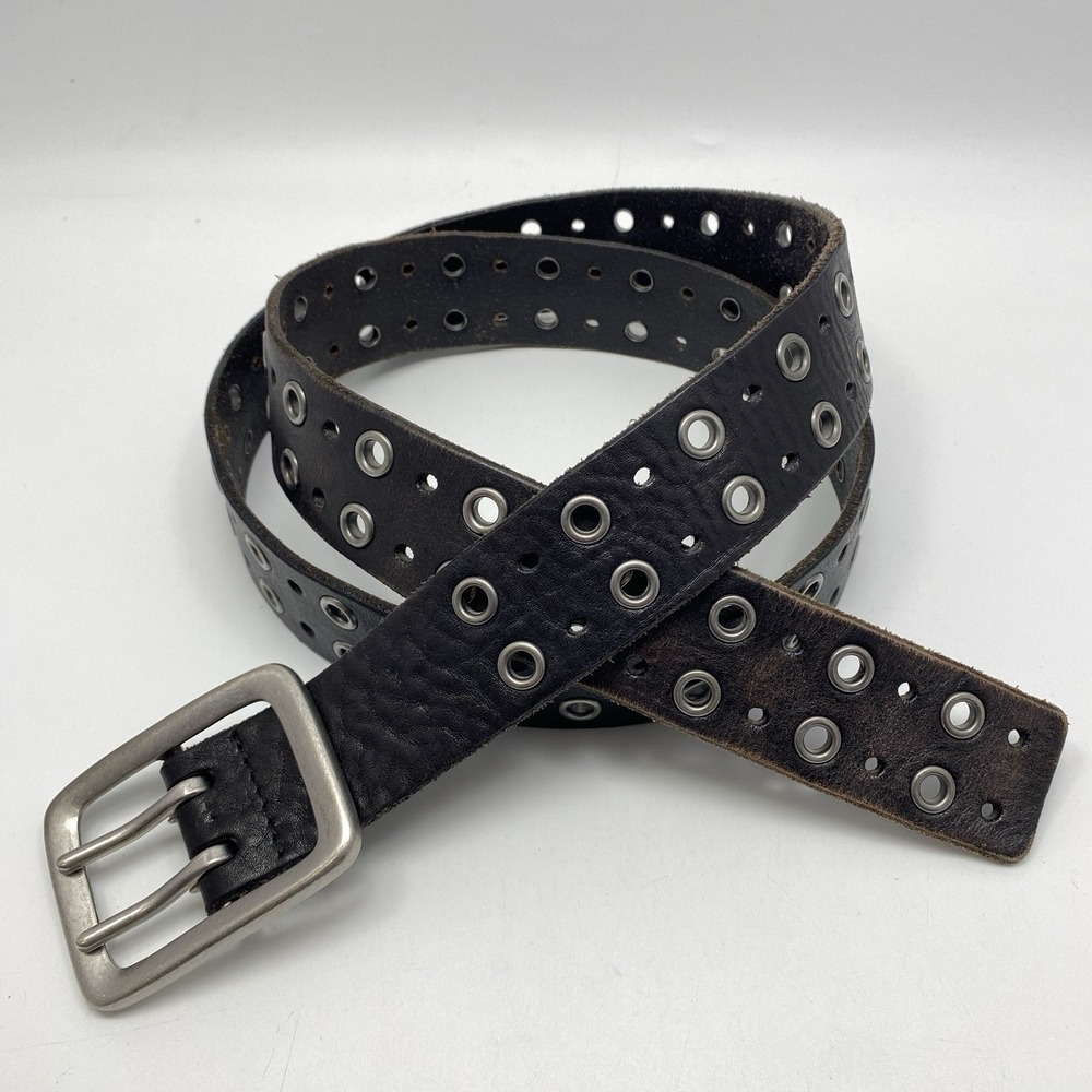 Lucky Brand Men's 40 Black Leather Belt Silver Tone Metal Grommet Rivet Accents